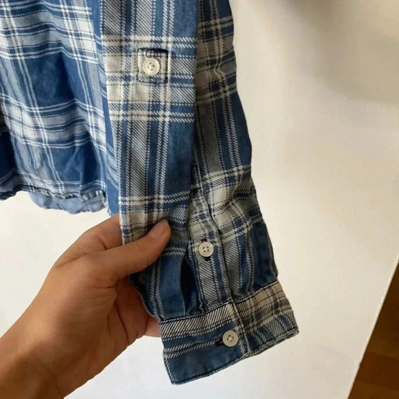 Hayes Plaid Cotton Blend Henley 3 Button Down Western Shirt Blue White Size M - Picture 6 of 10